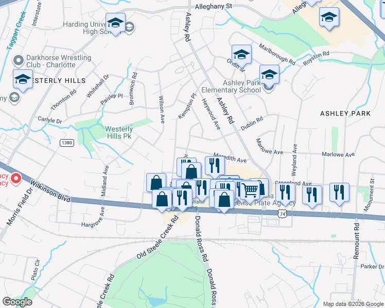 map of restaurants, bars, coffee shops, grocery stores, and more near 3501 Dublin Road in Charlotte