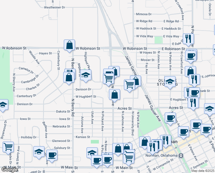 map of restaurants, bars, coffee shops, grocery stores, and more near 1102 North Flood Avenue in Norman