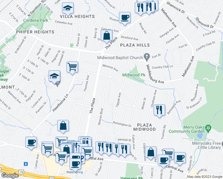 map of restaurants, bars, coffee shops, grocery stores, and more near 1942 Thurmond Place in Charlotte