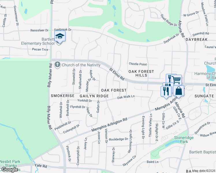 map of restaurants, bars, coffee shops, grocery stores, and more near 3781 Regency Oaks Cove in Bartlett