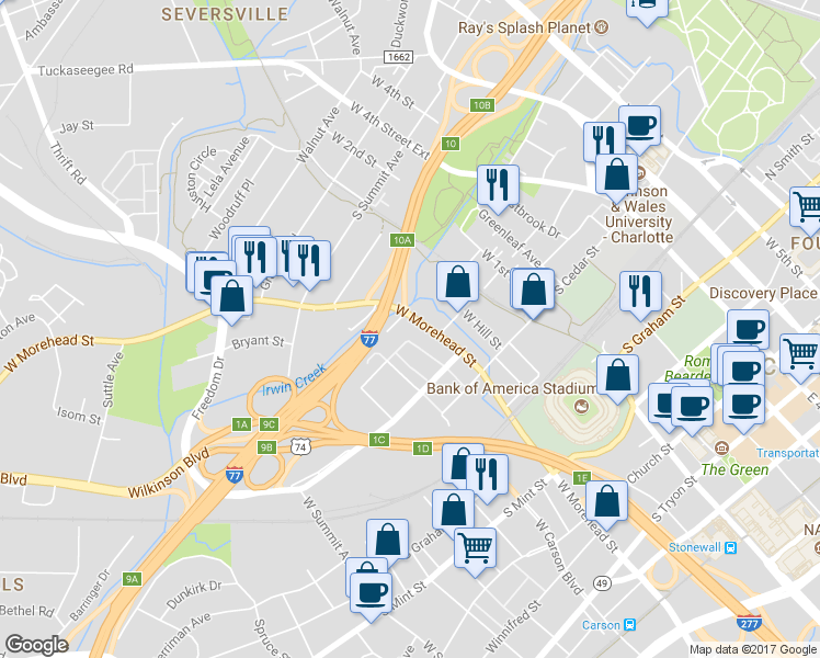 map of restaurants, bars, coffee shops, grocery stores, and more near 1023 West Morehead Street in Charlotte