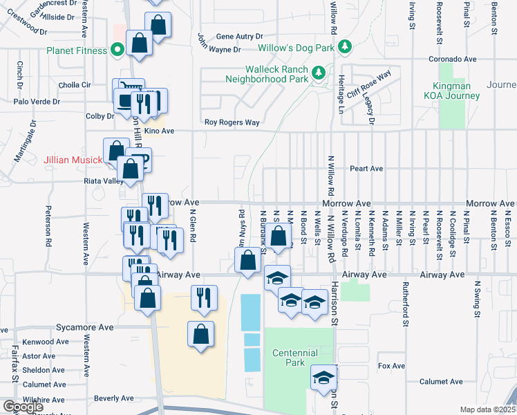 map of restaurants, bars, coffee shops, grocery stores, and more near 3615 North Burbank Street in Kingman