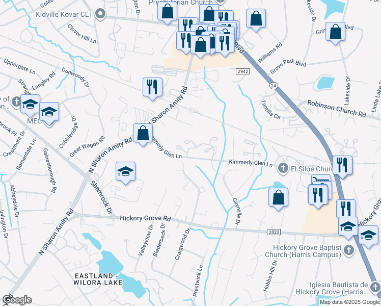 map of restaurants, bars, coffee shops, grocery stores, and more near 5108 Rocky Branch Dr in Charlotte