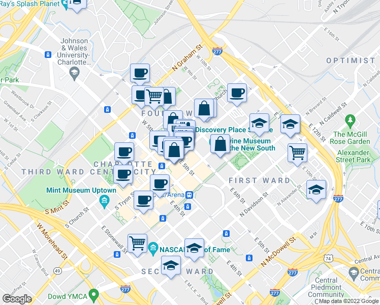 map of restaurants, bars, coffee shops, grocery stores, and more near 237 North Tryon Street in Charlotte