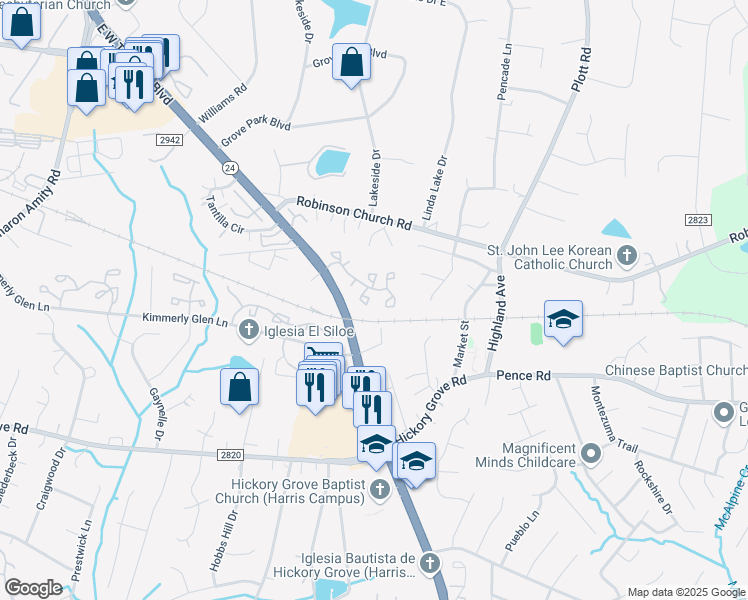 map of restaurants, bars, coffee shops, grocery stores, and more near 6347 Windsor Gate Lane in Charlotte