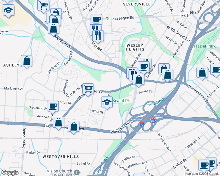 map of restaurants, bars, coffee shops, grocery stores, and more near in Charlotte