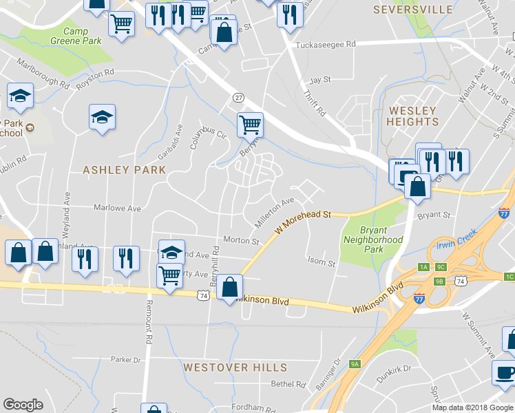 map of restaurants, bars, coffee shops, grocery stores, and more near in Charlotte