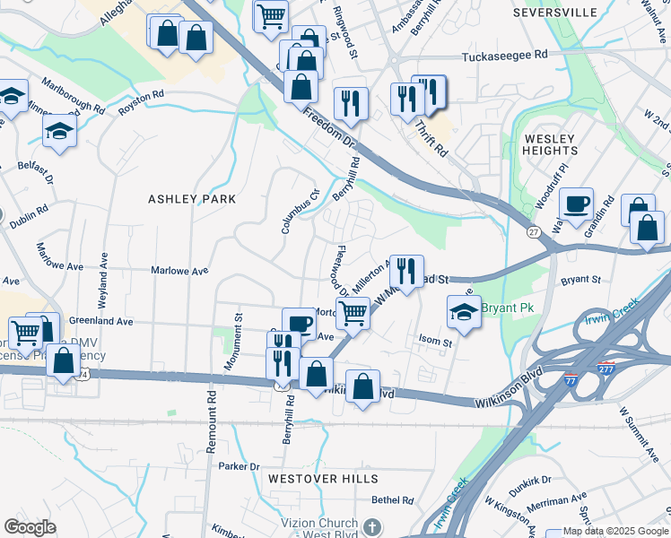 map of restaurants, bars, coffee shops, grocery stores, and more near 1732 Fleetwood Drive in Charlotte