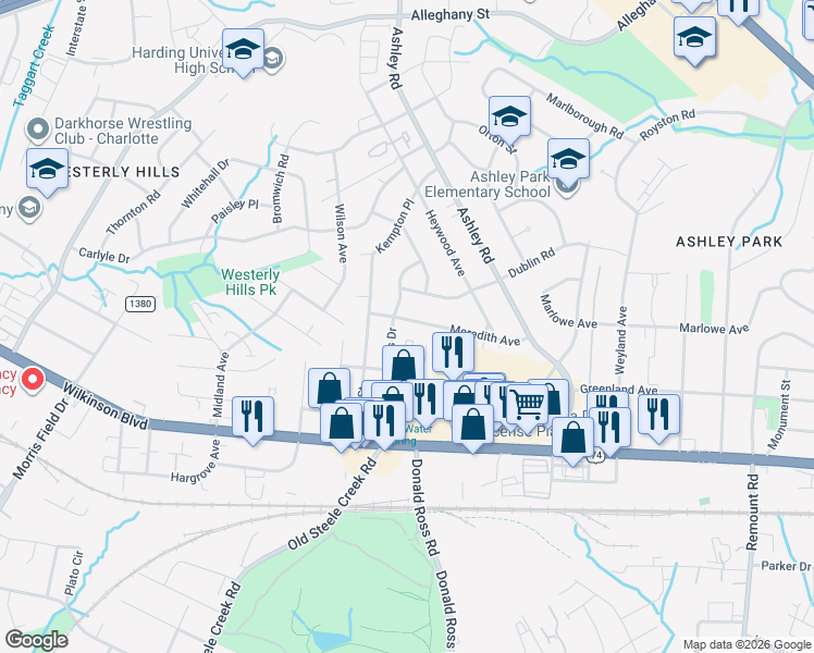 map of restaurants, bars, coffee shops, grocery stores, and more near 3501 Dublin Road in Charlotte