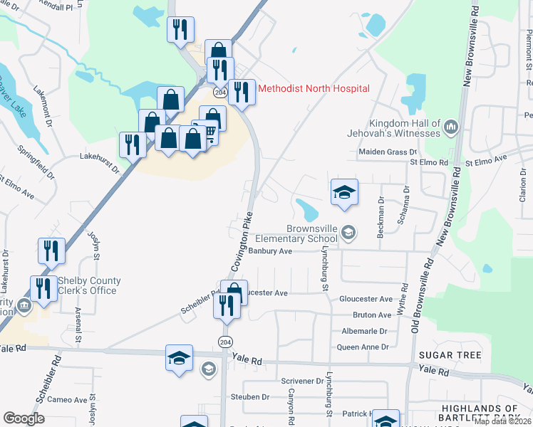 map of restaurants, bars, coffee shops, grocery stores, and more near 3760 Covington Pike in Memphis