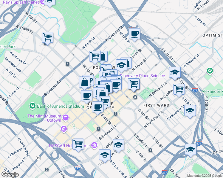map of restaurants, bars, coffee shops, grocery stores, and more near 224 North Tryon Street in Charlotte