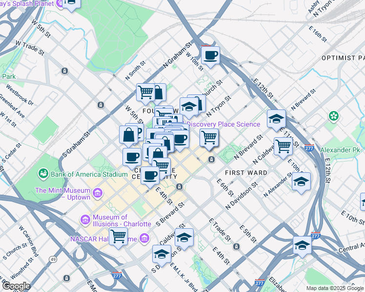 map of restaurants, bars, coffee shops, grocery stores, and more near 230 North Tryon Street in Charlotte