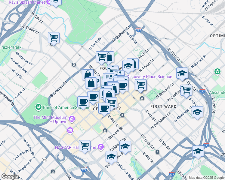 map of restaurants, bars, coffee shops, grocery stores, and more near 400 East Martin Luther King Junior Boulevard in Charlotte