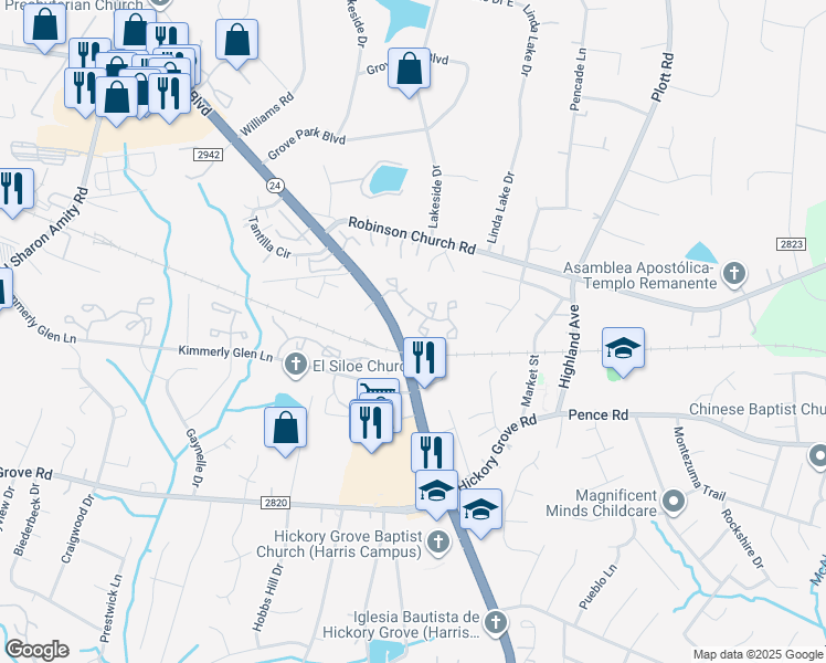 map of restaurants, bars, coffee shops, grocery stores, and more near 6320 Windsor Gate Lane in Charlotte