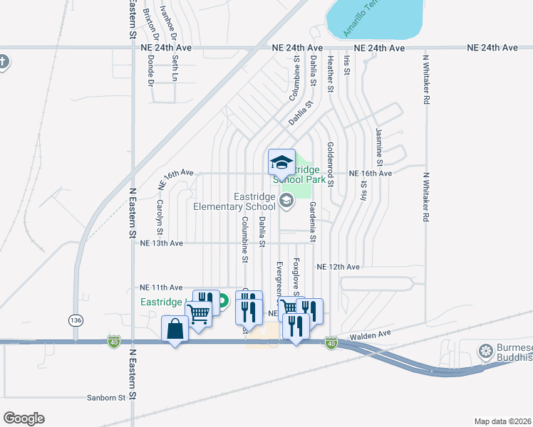 map of restaurants, bars, coffee shops, grocery stores, and more near 1327 Evergreen Street in Amarillo