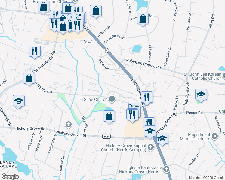 map of restaurants, bars, coffee shops, grocery stores, and more near 6626 East W.T. Harris Boulevard in Charlotte