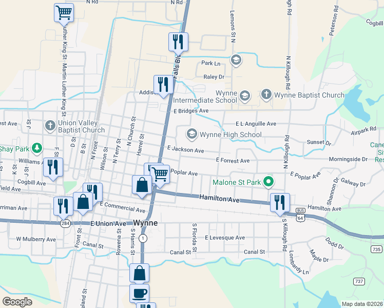 map of restaurants, bars, coffee shops, grocery stores, and more near 849 Eldridge Avenue East in Wynne
