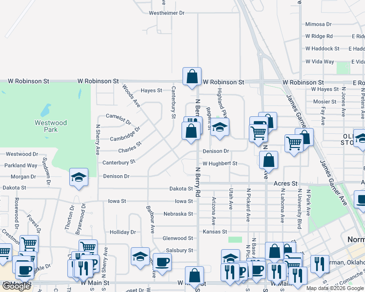 map of restaurants, bars, coffee shops, grocery stores, and more near 905 Canterbury Street in Norman