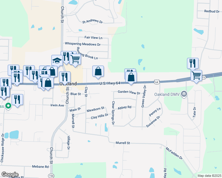 map of restaurants, bars, coffee shops, grocery stores, and more near 7540 U.S. 64 in Oakland