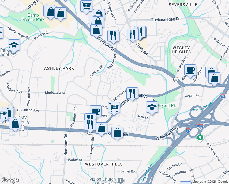 map of restaurants, bars, coffee shops, grocery stores, and more near in Charlotte
