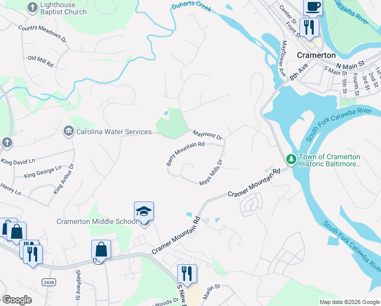 map of restaurants, bars, coffee shops, grocery stores, and more near 110 Berry Mountain Road in Cramerton