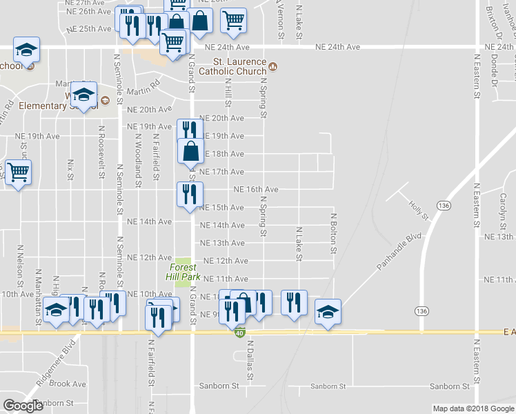 map of restaurants, bars, coffee shops, grocery stores, and more near 3901 Northeast 15th Avenue in Amarillo