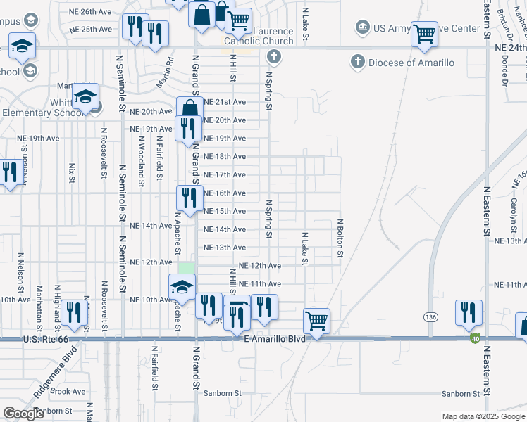 map of restaurants, bars, coffee shops, grocery stores, and more near 3901 Northeast 15th Avenue in Amarillo