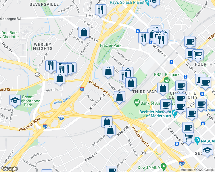 map of restaurants, bars, coffee shops, grocery stores, and more near in Charlotte
