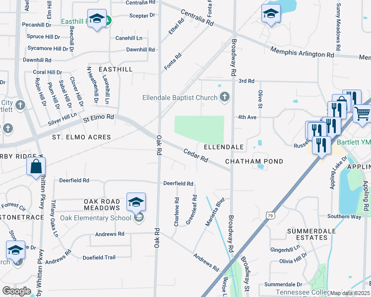 map of restaurants, bars, coffee shops, grocery stores, and more near 7194 Cedar Road in Memphis
