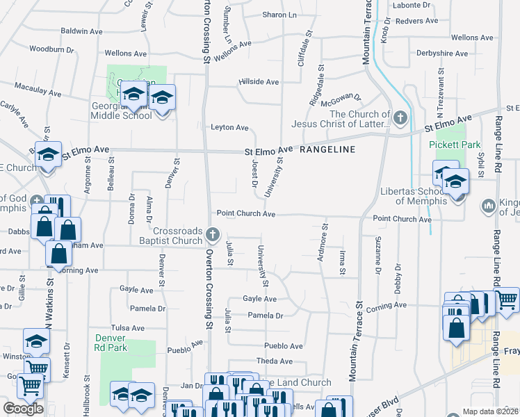map of restaurants, bars, coffee shops, grocery stores, and more near 3794 University Street in Memphis