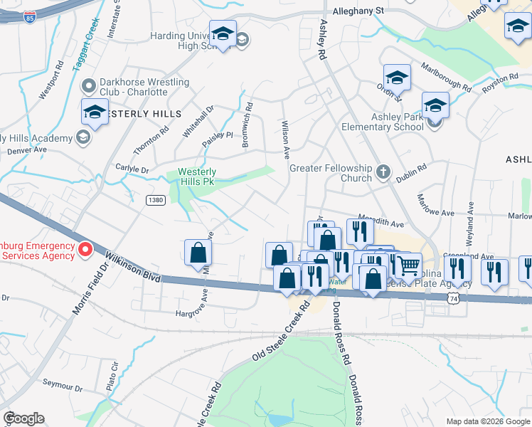 map of restaurants, bars, coffee shops, grocery stores, and more near 3613 Beaux Street in Charlotte