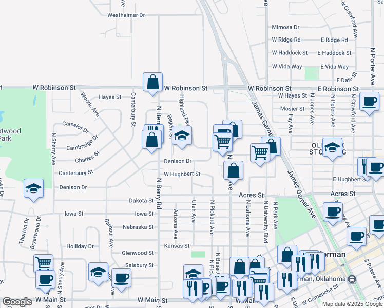map of restaurants, bars, coffee shops, grocery stores, and more near 817 Denison Drive in Norman