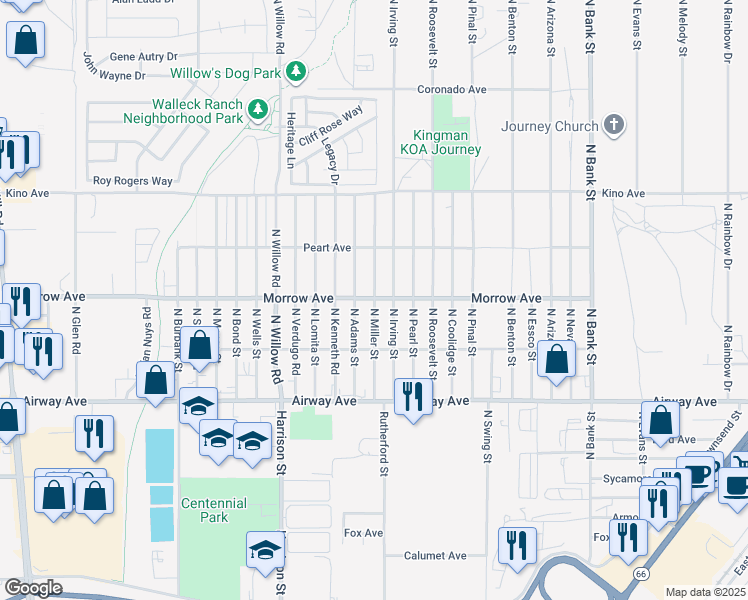 map of restaurants, bars, coffee shops, grocery stores, and more near North Miller Street in Kingman