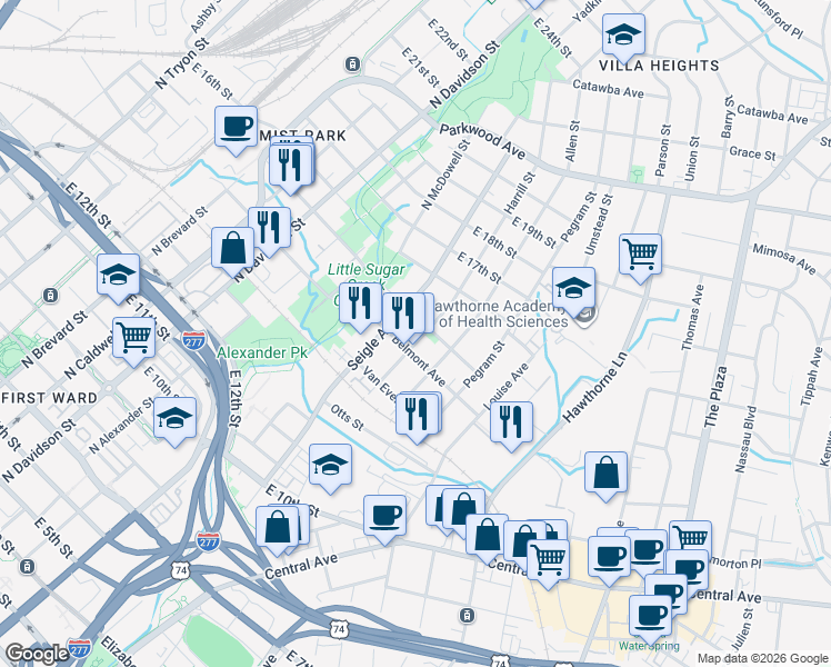 map of restaurants, bars, coffee shops, grocery stores, and more near in Charlotte