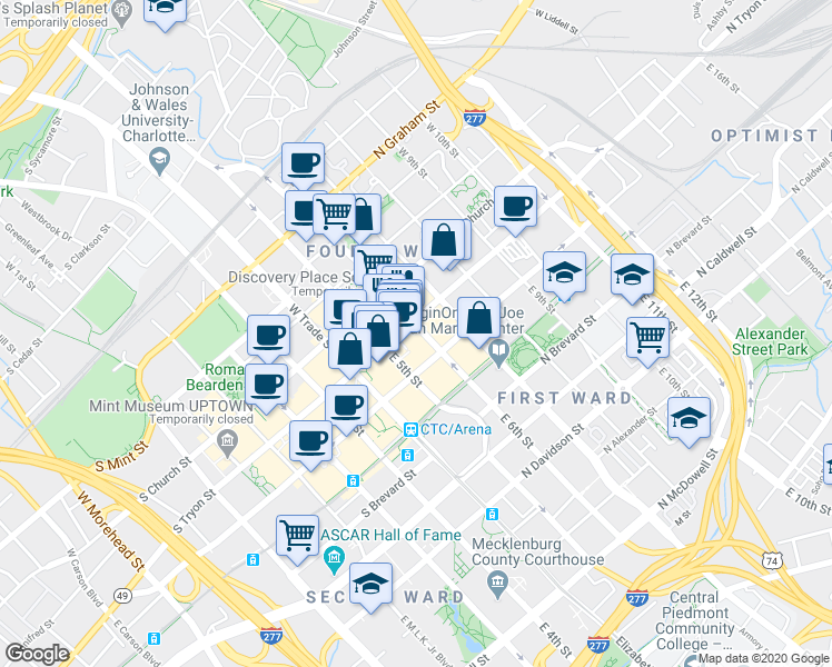 map of restaurants, bars, coffee shops, grocery stores, and more near 237 North Tryon Street in Charlotte