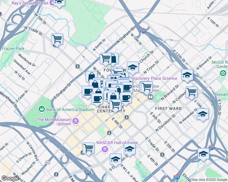 map of restaurants, bars, coffee shops, grocery stores, and more near 206 North Church Street in Charlotte