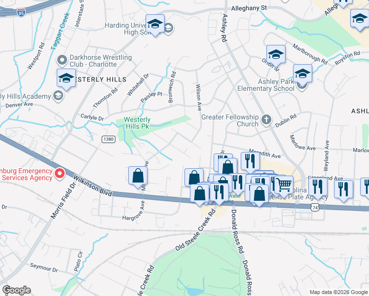 map of restaurants, bars, coffee shops, grocery stores, and more near 3613 Beaux Street in Charlotte