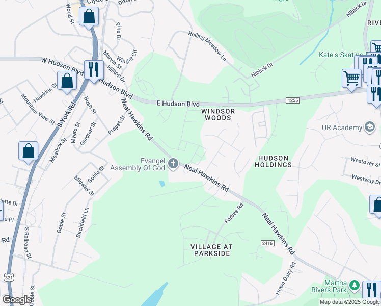 map of restaurants, bars, coffee shops, grocery stores, and more near 624 Neal Hawkins Road in Gastonia