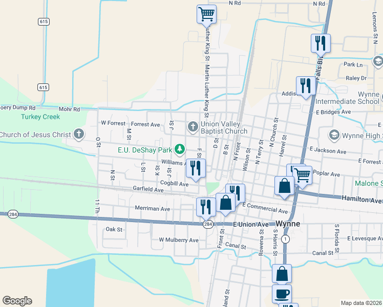 map of restaurants, bars, coffee shops, grocery stores, and more near 605 F Street in Wynne