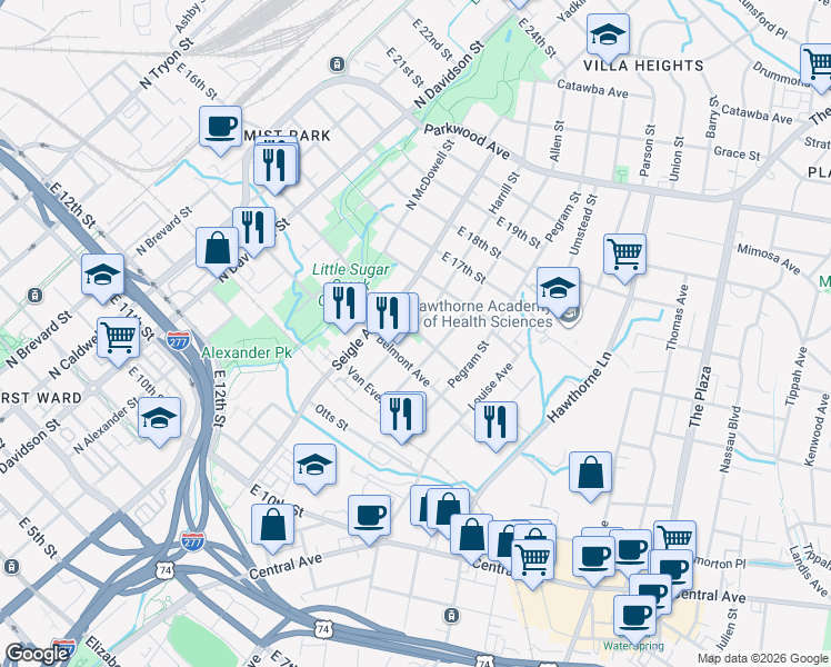 map of restaurants, bars, coffee shops, grocery stores, and more near in Charlotte