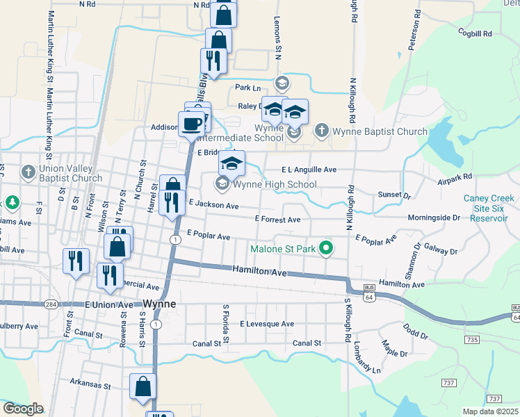 map of restaurants, bars, coffee shops, grocery stores, and more near N Lemons St in Wynne