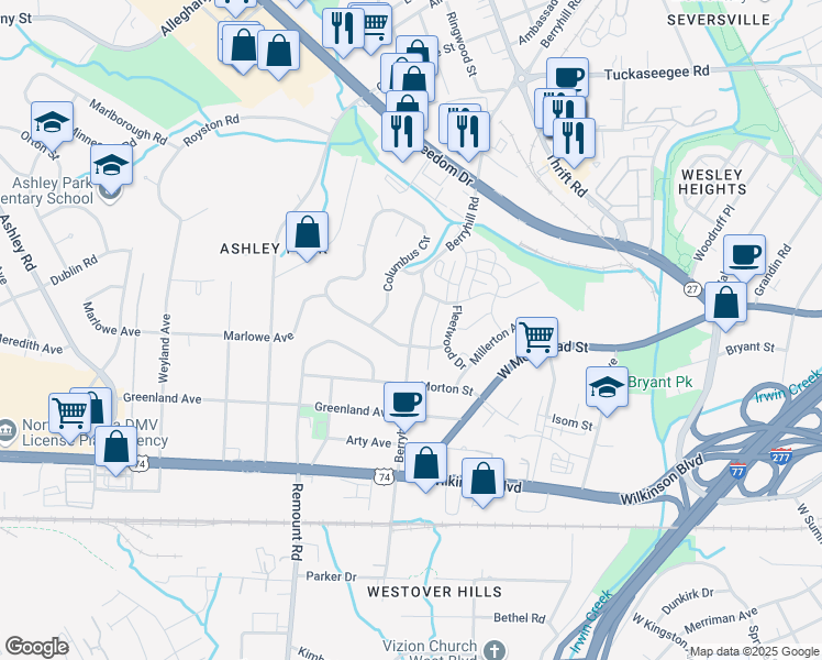 map of restaurants, bars, coffee shops, grocery stores, and more near 1813 Berryhill Road in Charlotte