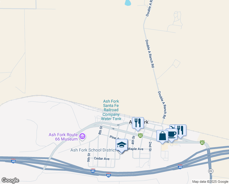 map of restaurants, bars, coffee shops, grocery stores, and more near 48350 Double A Ranch Road in Ash Fork