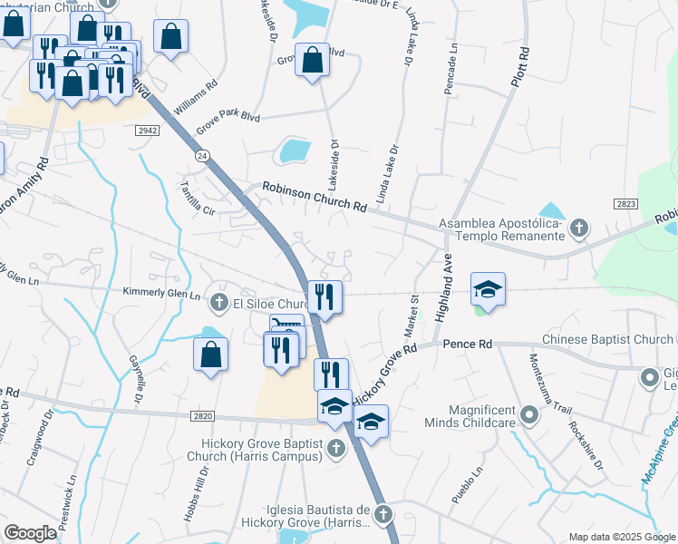 map of restaurants, bars, coffee shops, grocery stores, and more near 6436 Windsor Gate Lane in Charlotte