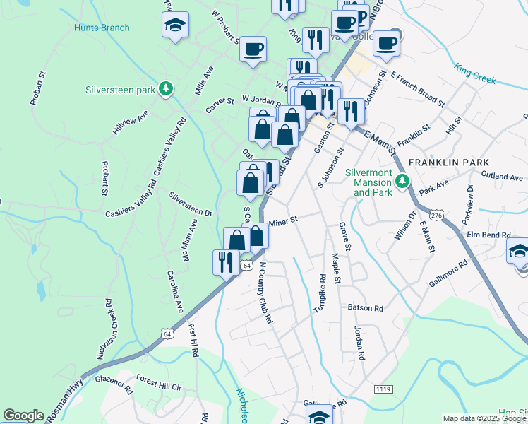 map of restaurants, bars, coffee shops, grocery stores, and more near 411 South Broad Street in Brevard