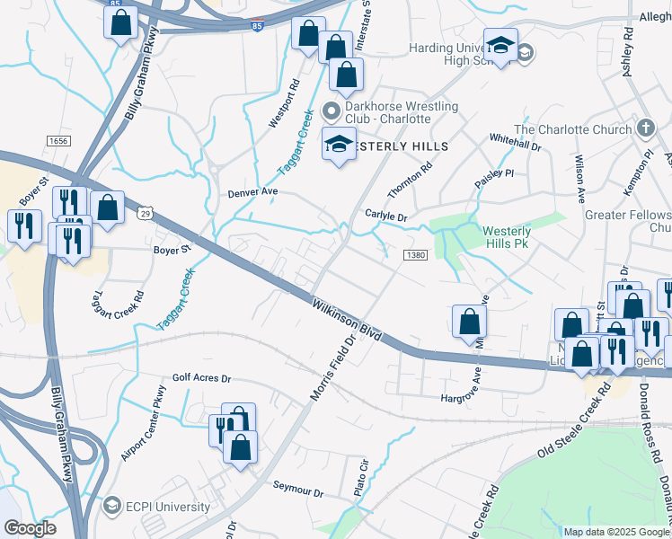 map of restaurants, bars, coffee shops, grocery stores, and more near 4398 Havelock Avenue in Charlotte