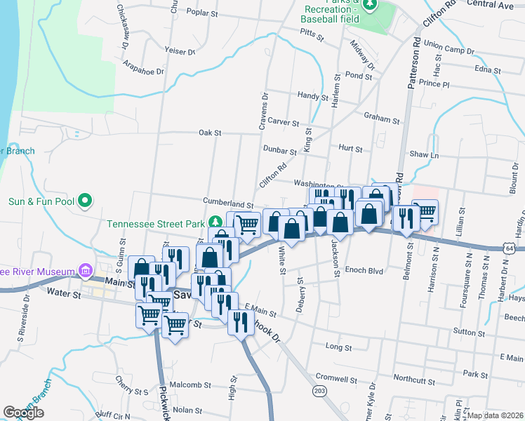 map of restaurants, bars, coffee shops, grocery stores, and more near 170 Cumberland Street in Savannah