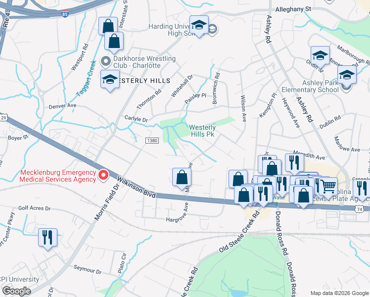 map of restaurants, bars, coffee shops, grocery stores, and more near 3737 Simmons Street in Charlotte