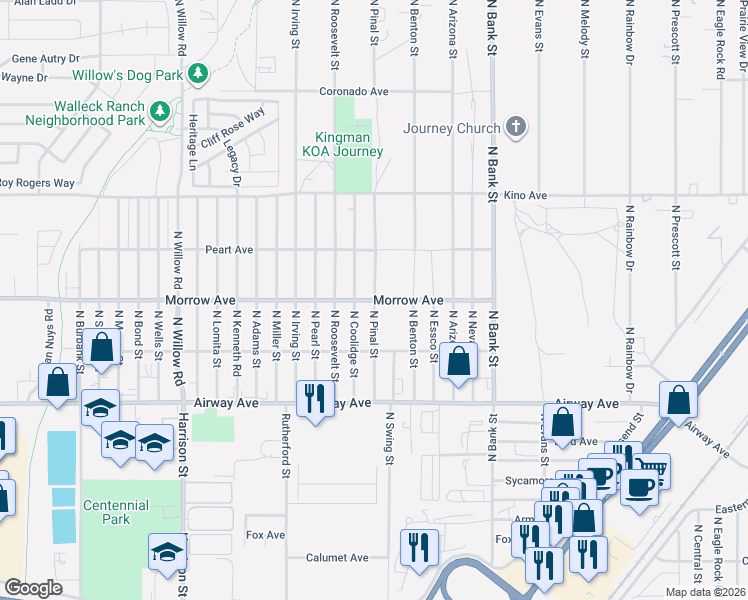 map of restaurants, bars, coffee shops, grocery stores, and more near 3630 North Pinal Street in Kingman