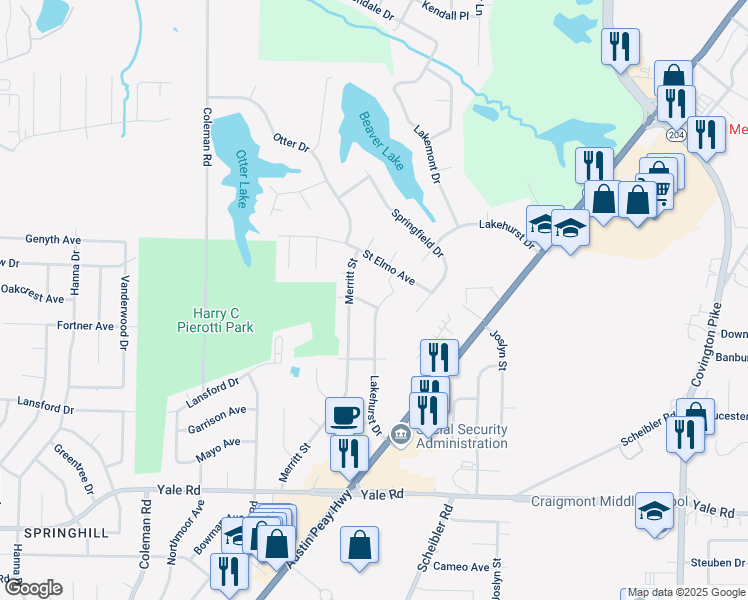 map of restaurants, bars, coffee shops, grocery stores, and more near 4678 Maddox Avenue in Memphis